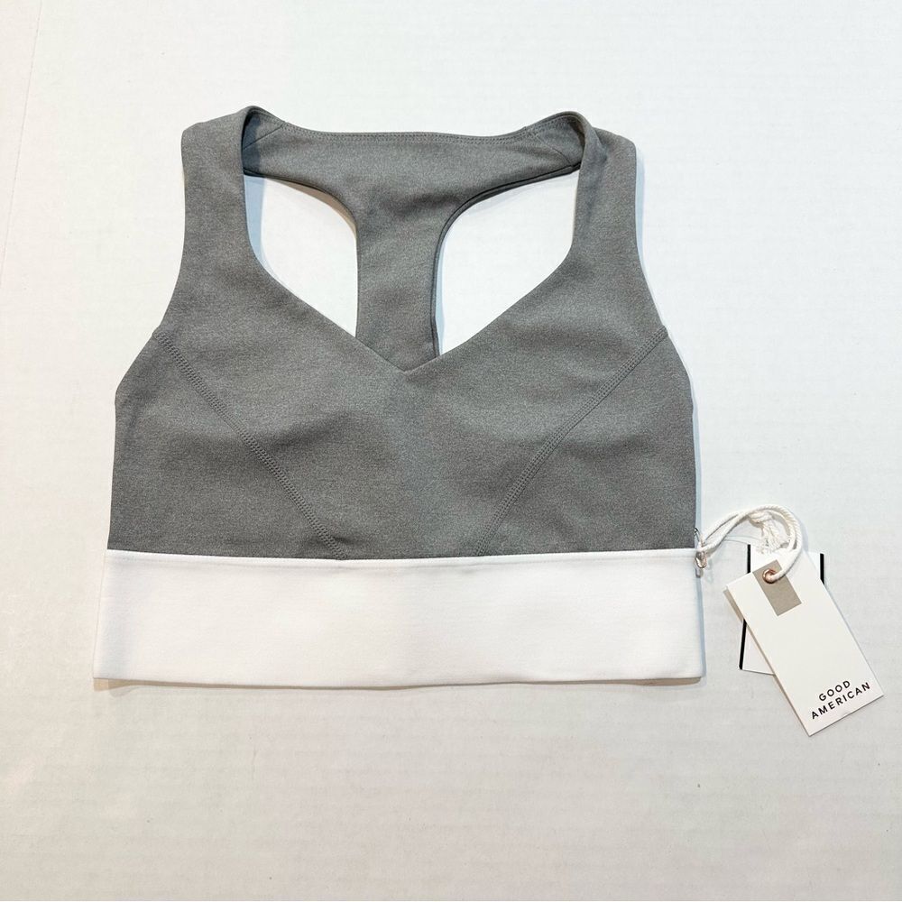 NWT Good American Core Racer Sports Bra White Heather Grey Size 0
